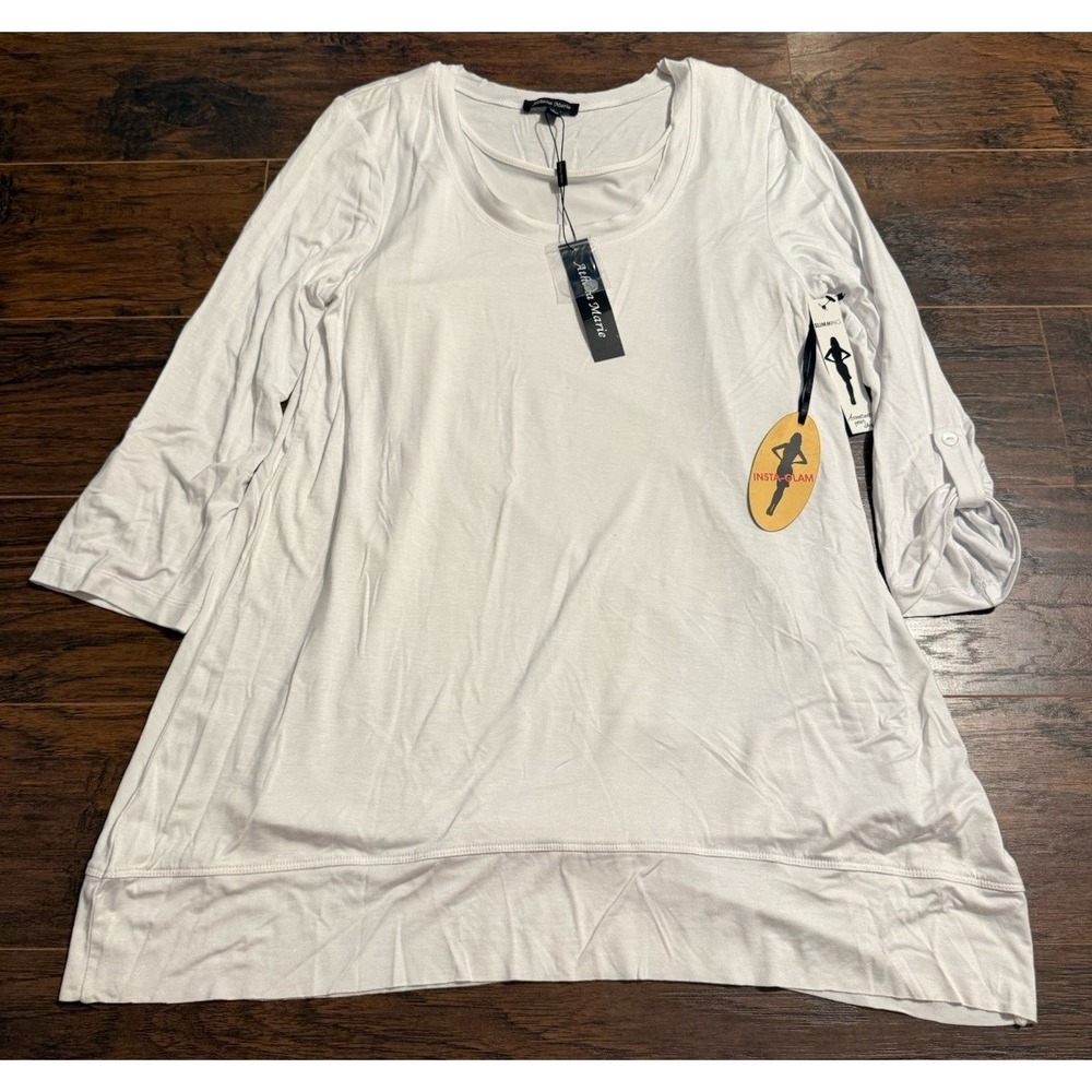 Athena Marie White Long Sleeve Top Ruched Sleeve Stretch NWT Size M Shaping Top